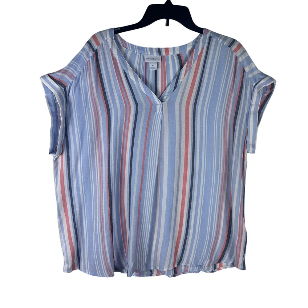 Liz Claiborne Womens XL Blue Pink‎ Striped V-Neck Short Sleeve Rayon Blouse NEW